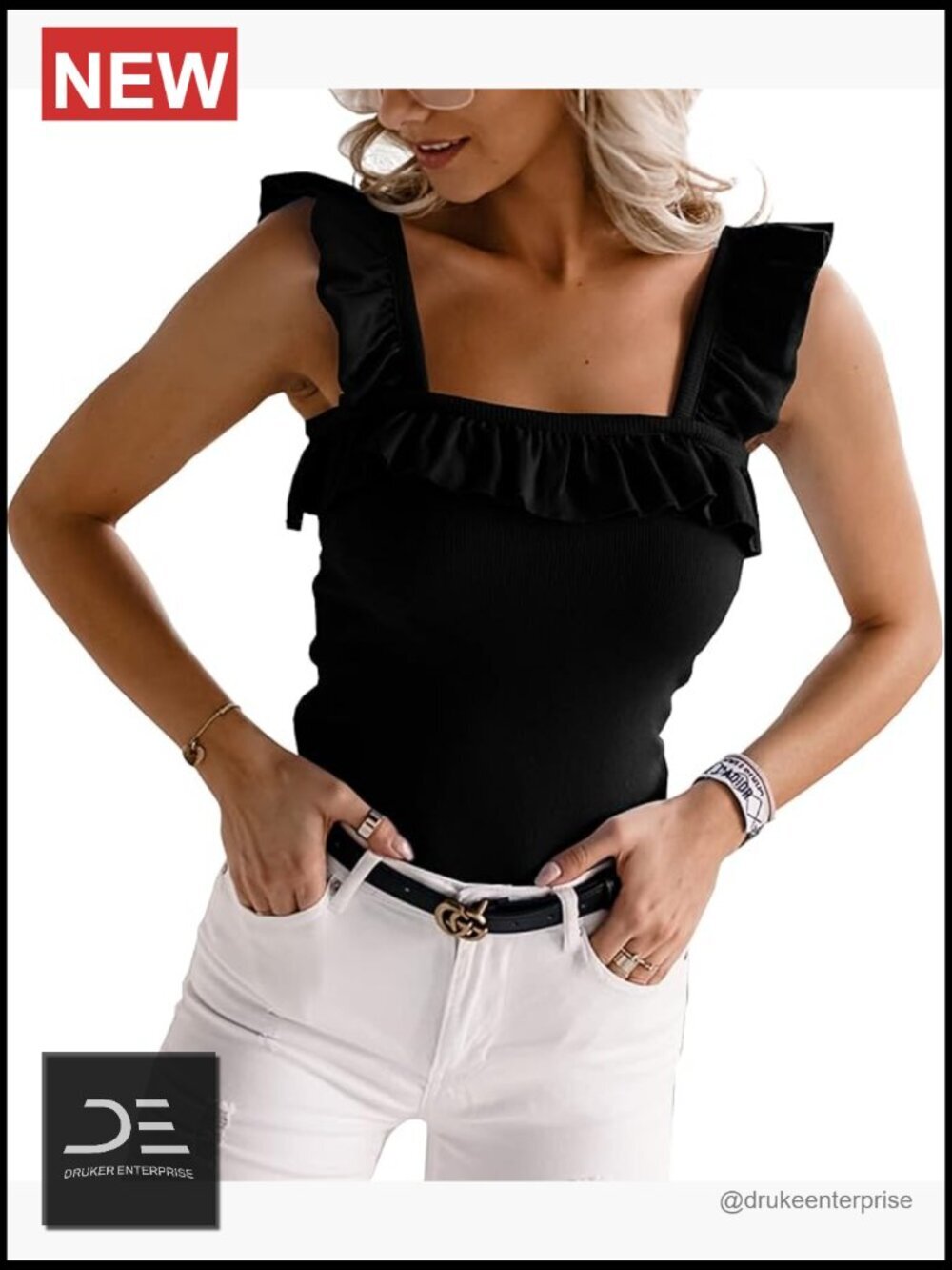 Ruffle Strap Square Neck Sleeveless Knitted Camisole Tank Top
